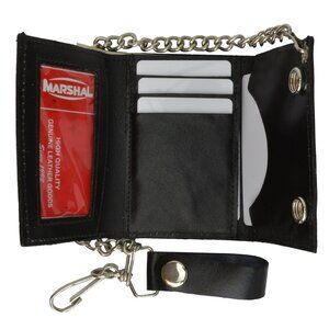 2810 BLACK Leather Trifold Biker's Wallet ID Card Holder w/Chain Skull